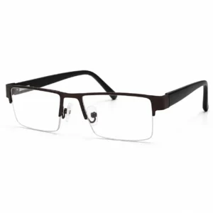 Matte chocolate brown semi-rimless rectangular metal glasses frame with black temples and clear nose pads.