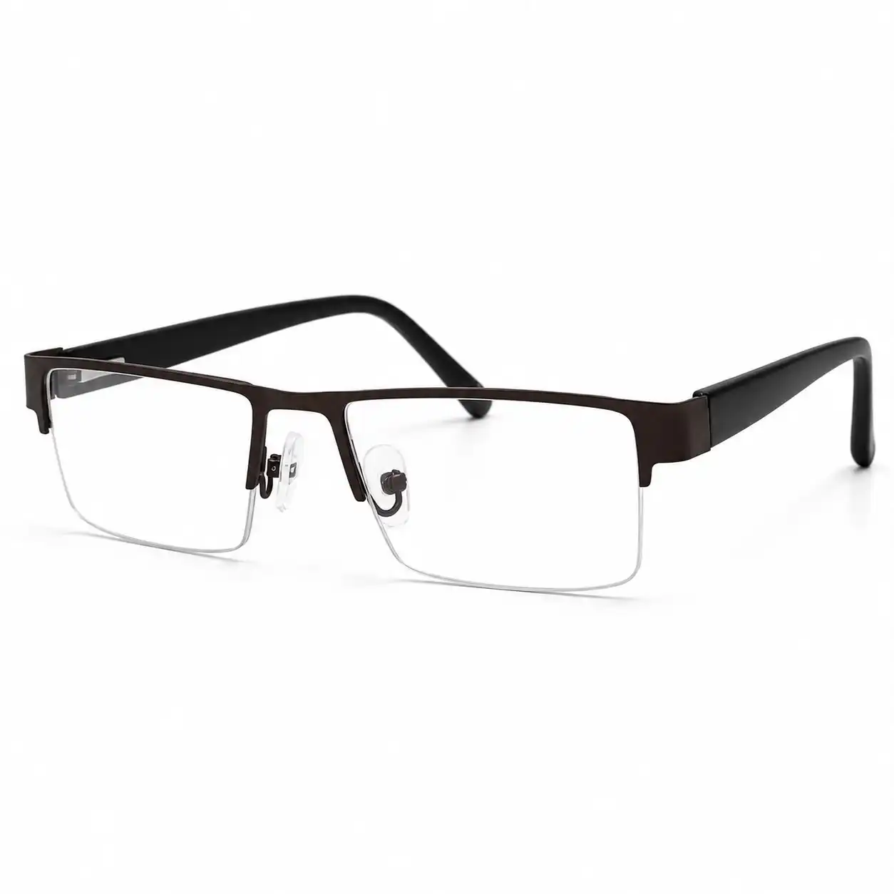 Matte chocolate brown semi-rimless rectangular metal glasses frame with black temples and clear nose pads.