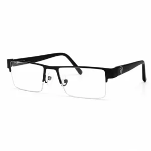 Matte black semi-rimless rectangular metal glasses frame with clear nose pads and shield logo detail on side arms.