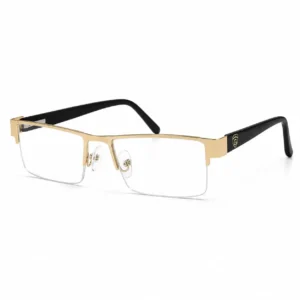 Gold half-rim rectangular eyeglasses frame with polished metal brow bar, clear nose pads, and black side arms with shield logo detailing.