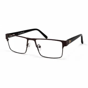 Matte dark brown full-rim rectangular metal glasses frame with clear nose pads and dark side arms with gold accent.
