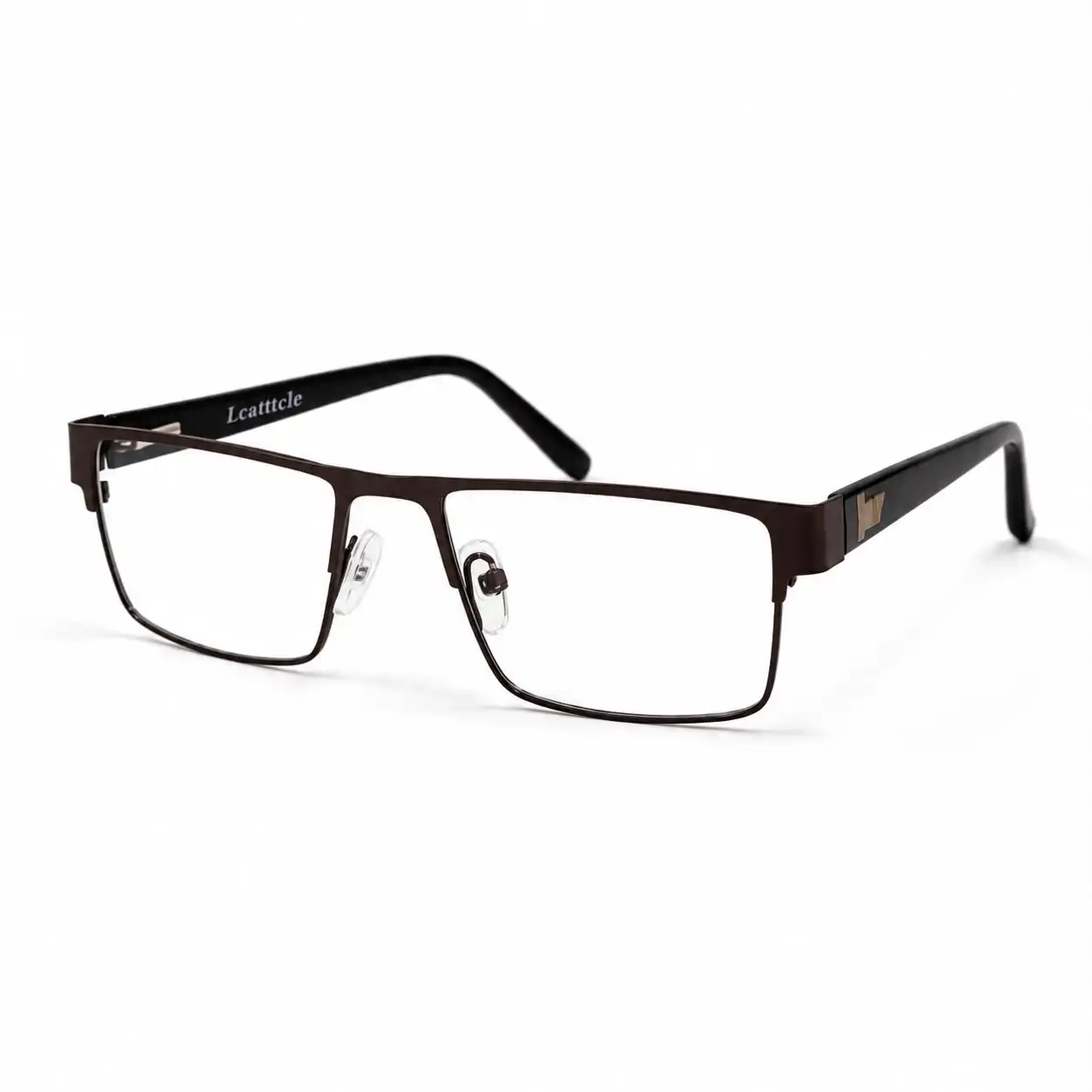 Matte dark brown full-rim rectangular metal glasses frame with clear nose pads and dark side arms with gold accent.