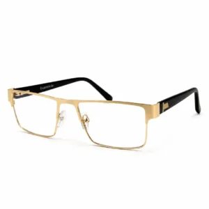 Shiny gold full-rim rectangular metal glasses frame with black temples featuring a gold geometric accent and soft clear nose pads.
