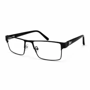 Matte black full-rim rectangular metal glasses frame with clear nose pads and silver metallic side arm accent.
