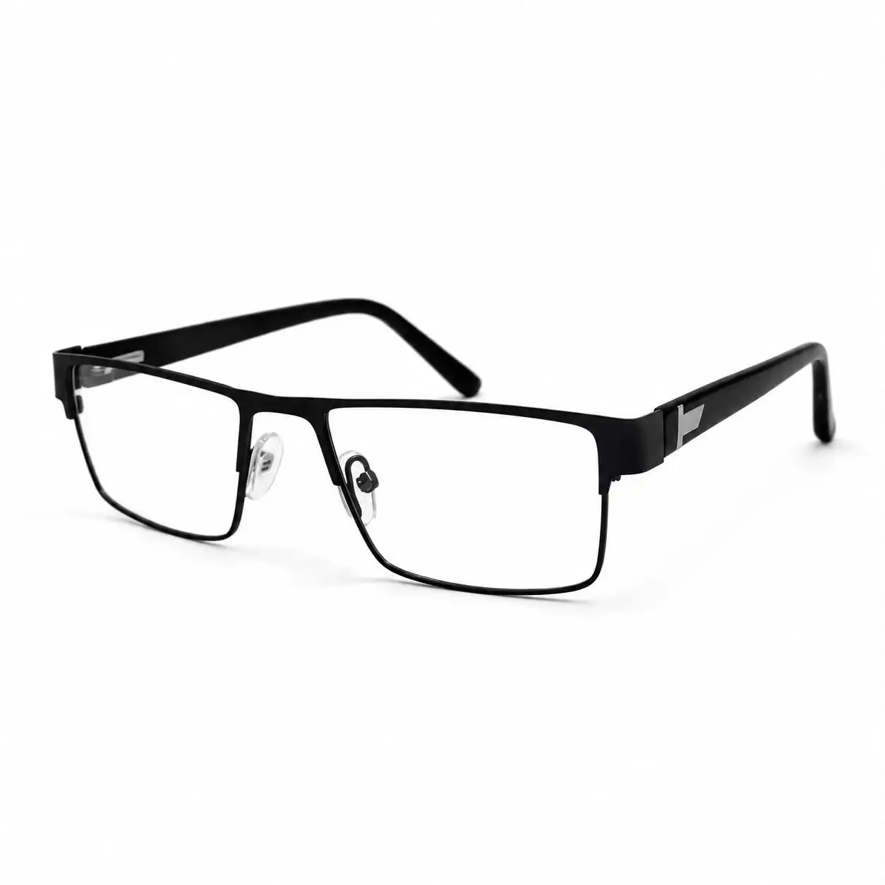 Matte black full-rim rectangular metal glasses frame with clear nose pads and silver metallic side arm accent.