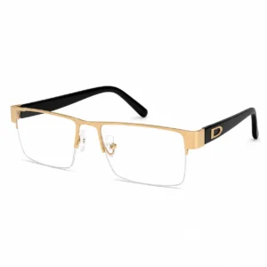 Light gold semi-rimless rectangular metal glasses frame with black temples and gold emblem detail.