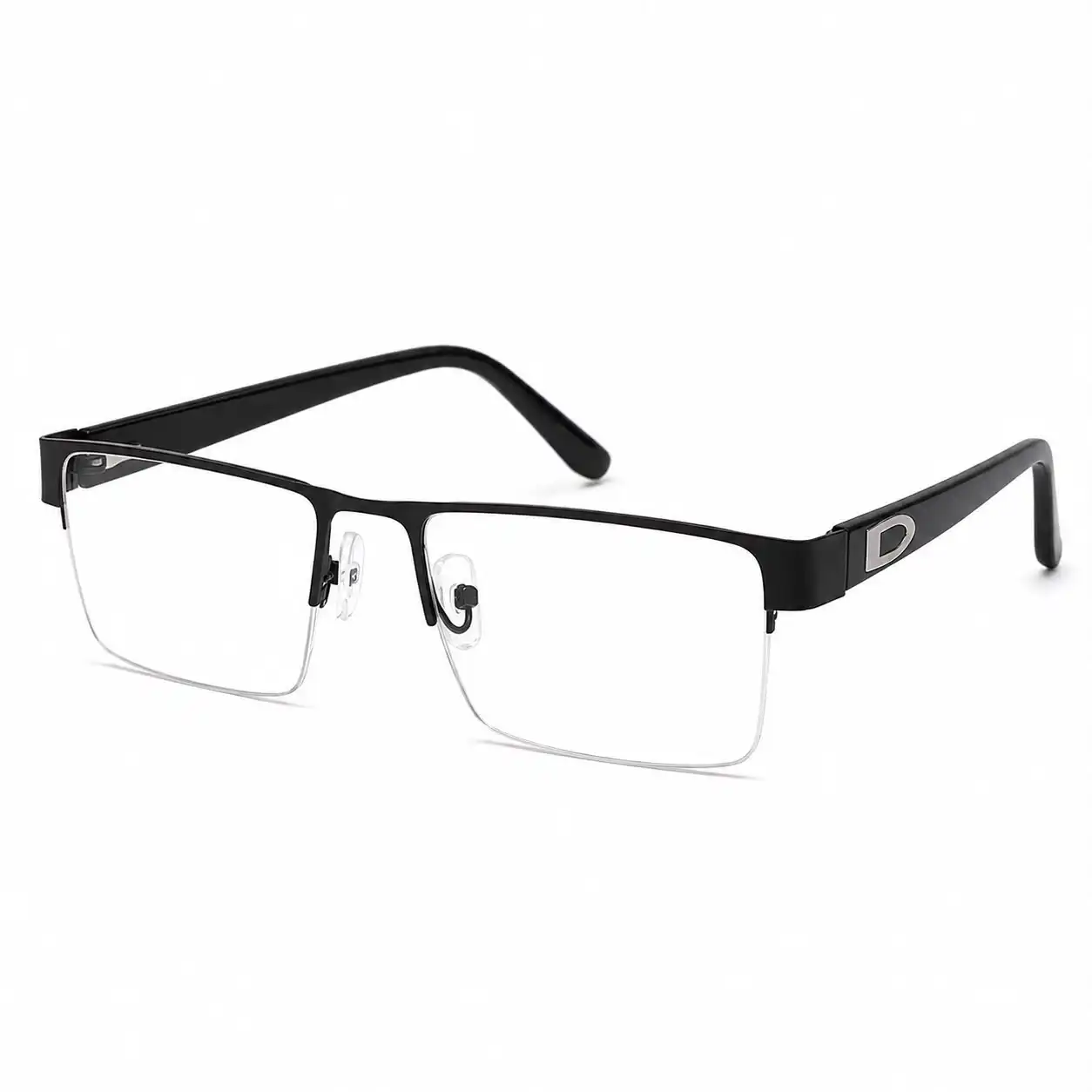 Matte black semi-rimless rectangular metal glasses frame with silver geometric side arm emblem and clear nose pads.