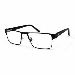 Matte black full-rim rectangular metal glasses frame with silver temple accents and clear nose pads.