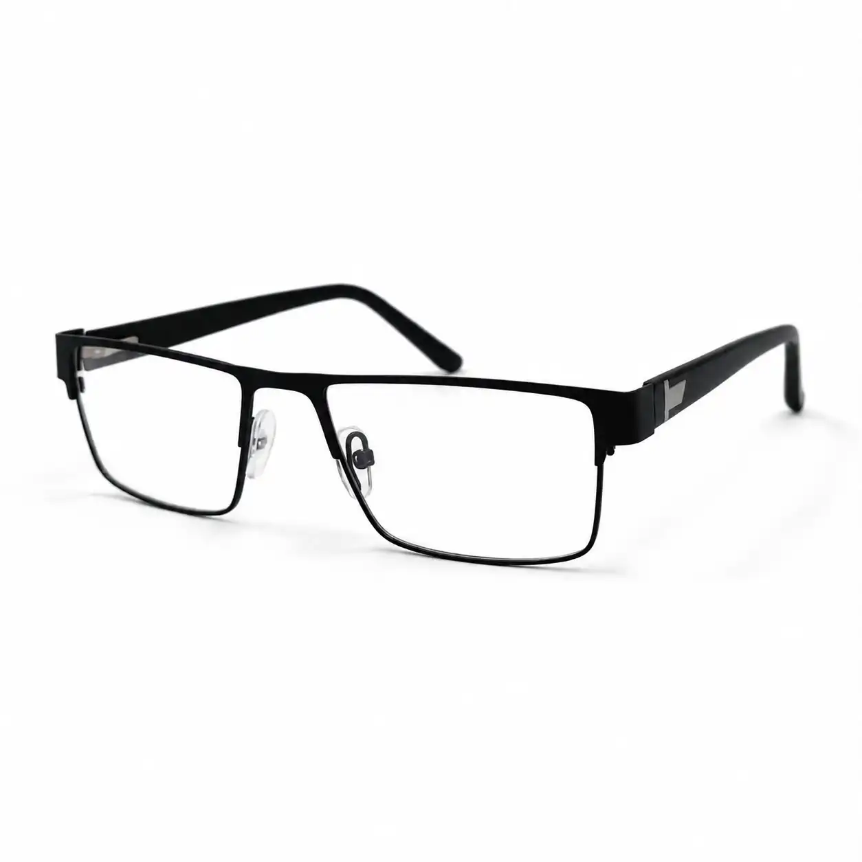 Matte black full-rim rectangular metal glasses frame with silver temple accents and clear nose pads.