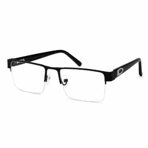 Matte black semi-rimless rectangular metal glasses frame with silver geometric side arm accent and soft nose pads.