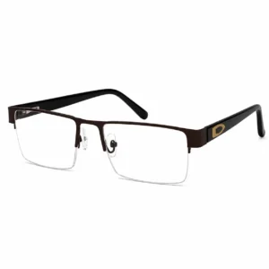 Dark brown half-rim rectangular metal glasses frame with clear nose pads and black temples featuring a gold geometric accent.
