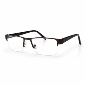 Dark chocolate brown semi-rimless rectangular glasses frame with textured geometric temple accents and clear nose pads.