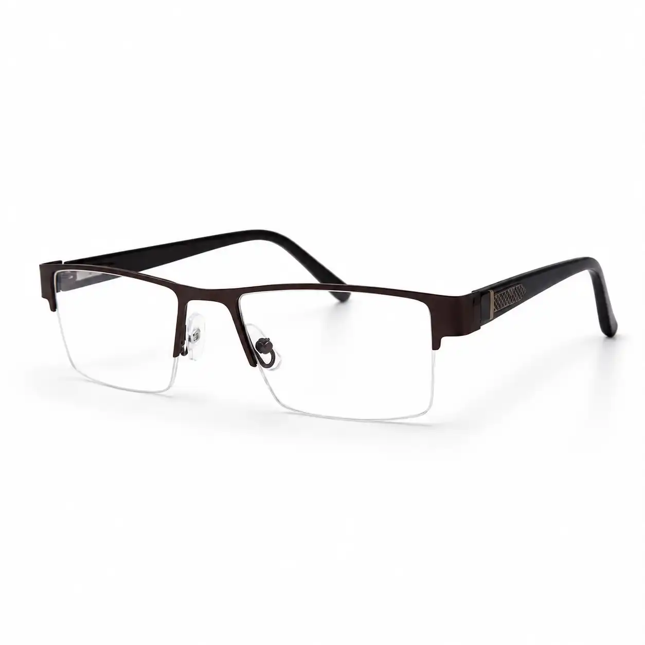 Dark chocolate brown semi-rimless rectangular glasses frame with textured geometric temple accents and clear nose pads.