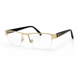 Golden half-rim rectangular metal glasses frame with textured side arms and soft adjustable nose pads.
