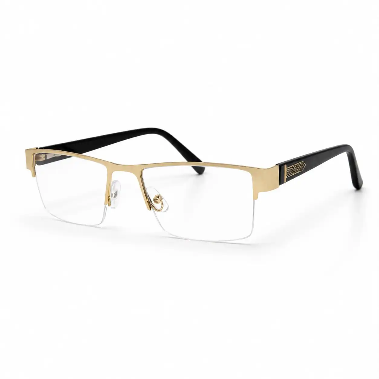 Golden half-rim rectangular metal glasses frame with textured side arms and soft adjustable nose pads.