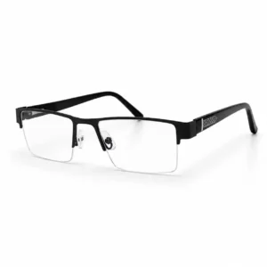 Matte black semi-rimless rectangular metal glasses frame with textured geometric temple accents and clear nose pads.