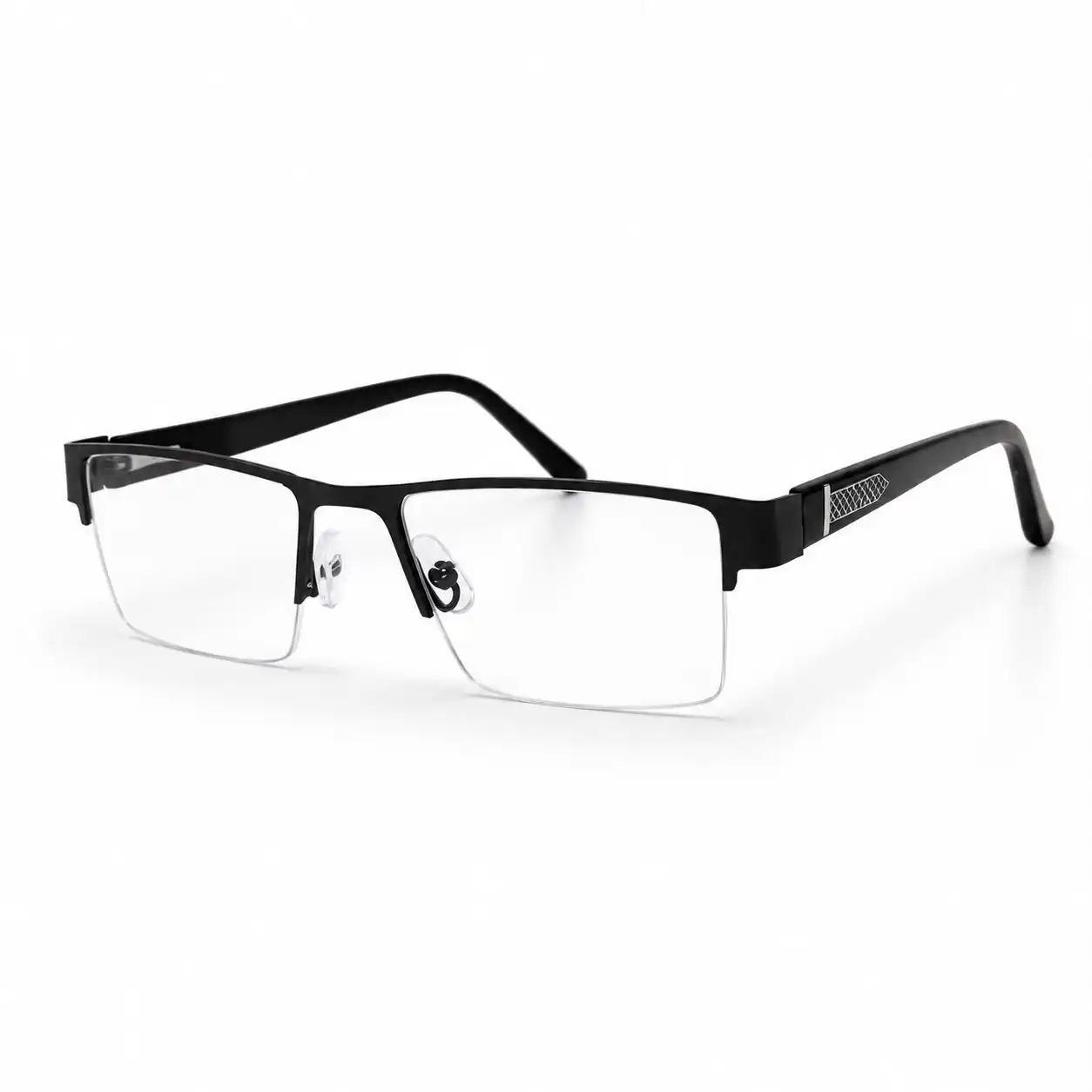 Matte black semi-rimless rectangular metal glasses frame with textured geometric temple accents and clear nose pads.