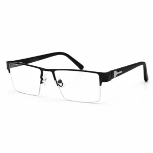 Matte black half-rim rectangular metal glasses frame with silver temple design and clear nose pads.