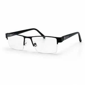 Matte black semi-rimless rectangular metal glasses frame with textured geometric detailing on side arms and soft nose pads.