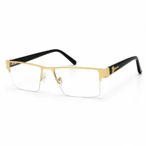 Gold half-rim rectangular eyeglasses frame with shiny metal brow line, adjustable nose pads, and black side arms.