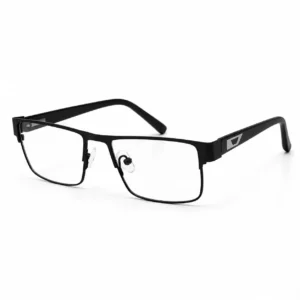 Matte black full-rim rectangular metal glasses frame with clear nose pads and geometric silver temple accents.