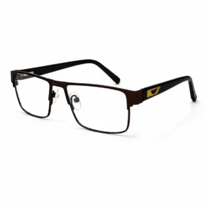 Matte brown full-rim rectangular metal glasses frame with clear nose pads and black temples featuring a geometric gold accent.
