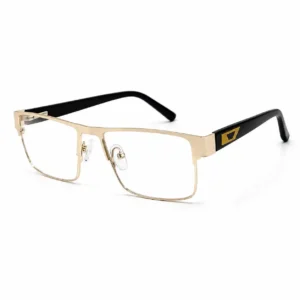 Gold full-rim rectangular metal glasses frame with clear nose pads and black temples featuring a geometric gold accent.