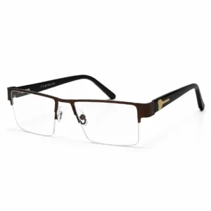 Brown semi-rimless rectangular glasses frame with metallic brow line, adjustable nose pads, and black temples with gold accent.
