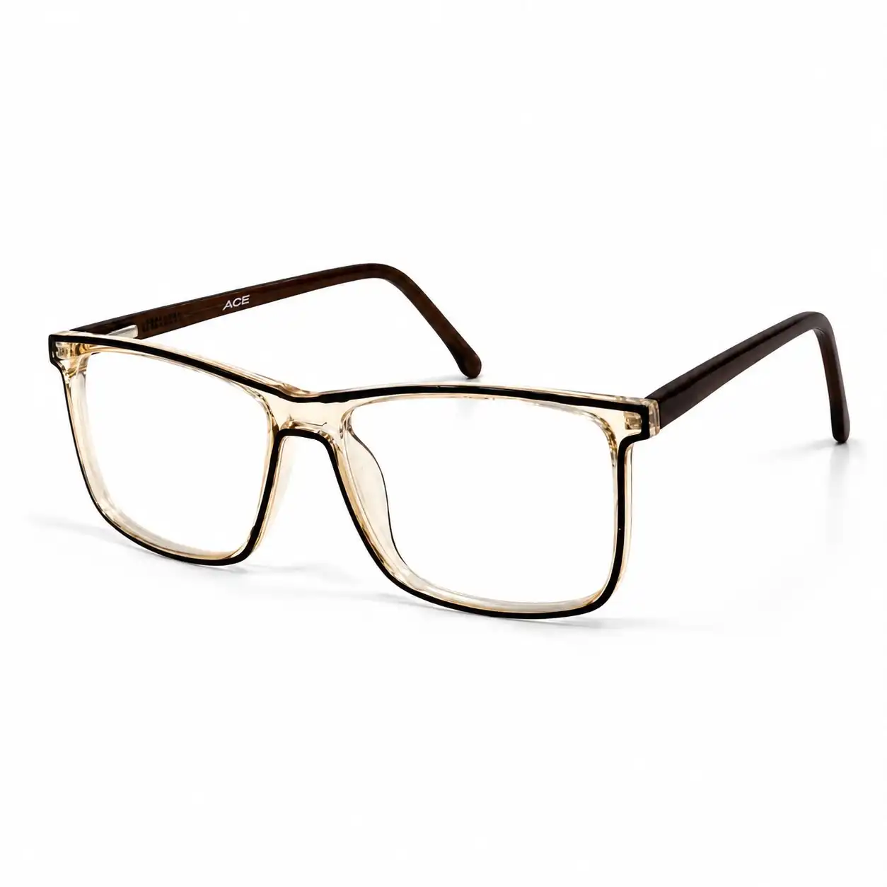 Champagne clear rectangular computer glasses frame with dark inner rim outline and solid dark brown side arms.