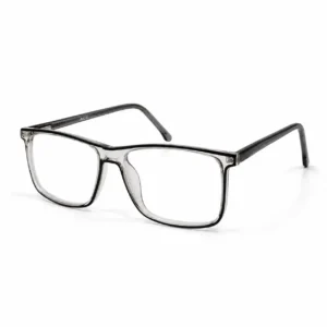 Clear rectangular computer glasses frame with a dark charcoal inner rim accent and translucent grey temples.