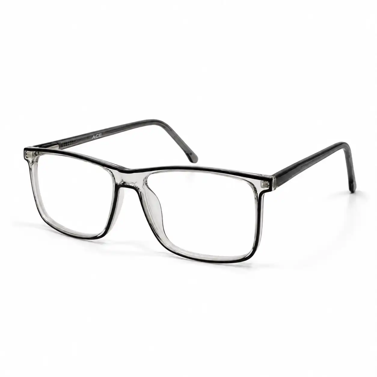 Clear rectangular computer glasses frame with a dark charcoal inner rim accent and translucent grey temples.