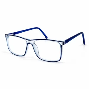 Clear rectangular computer glasses frame with a deep navy blue inner rim outline and solid royal blue temples.