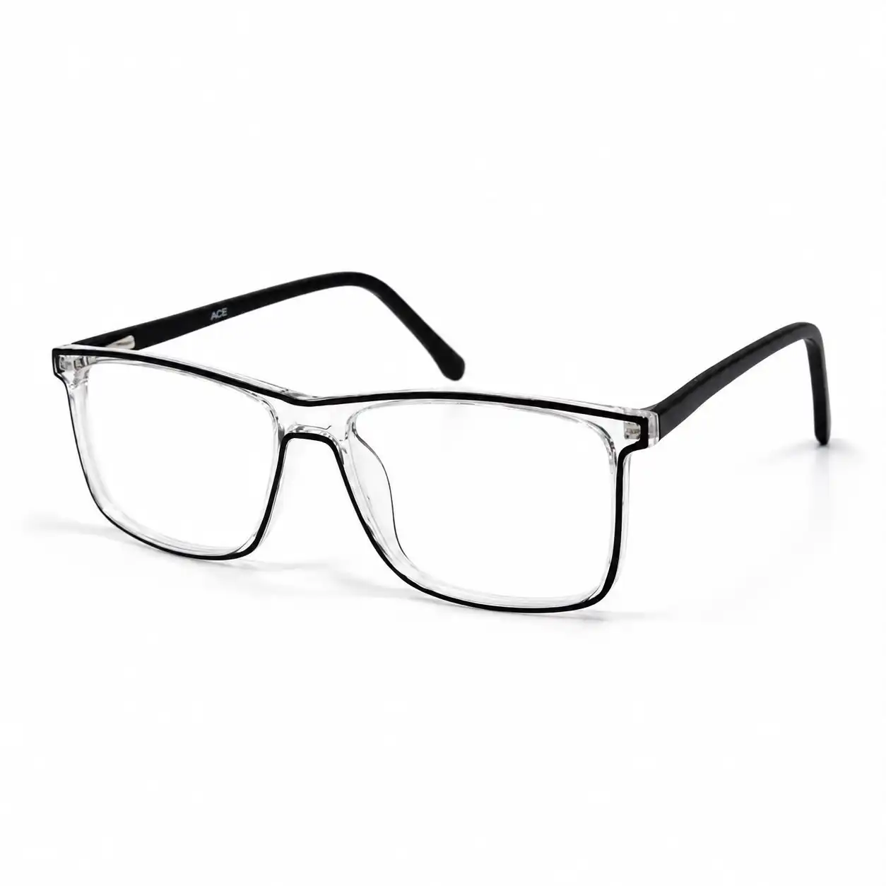 Clear rectangular computer glasses frame featuring a thin black inner rim outline and solid black temples.