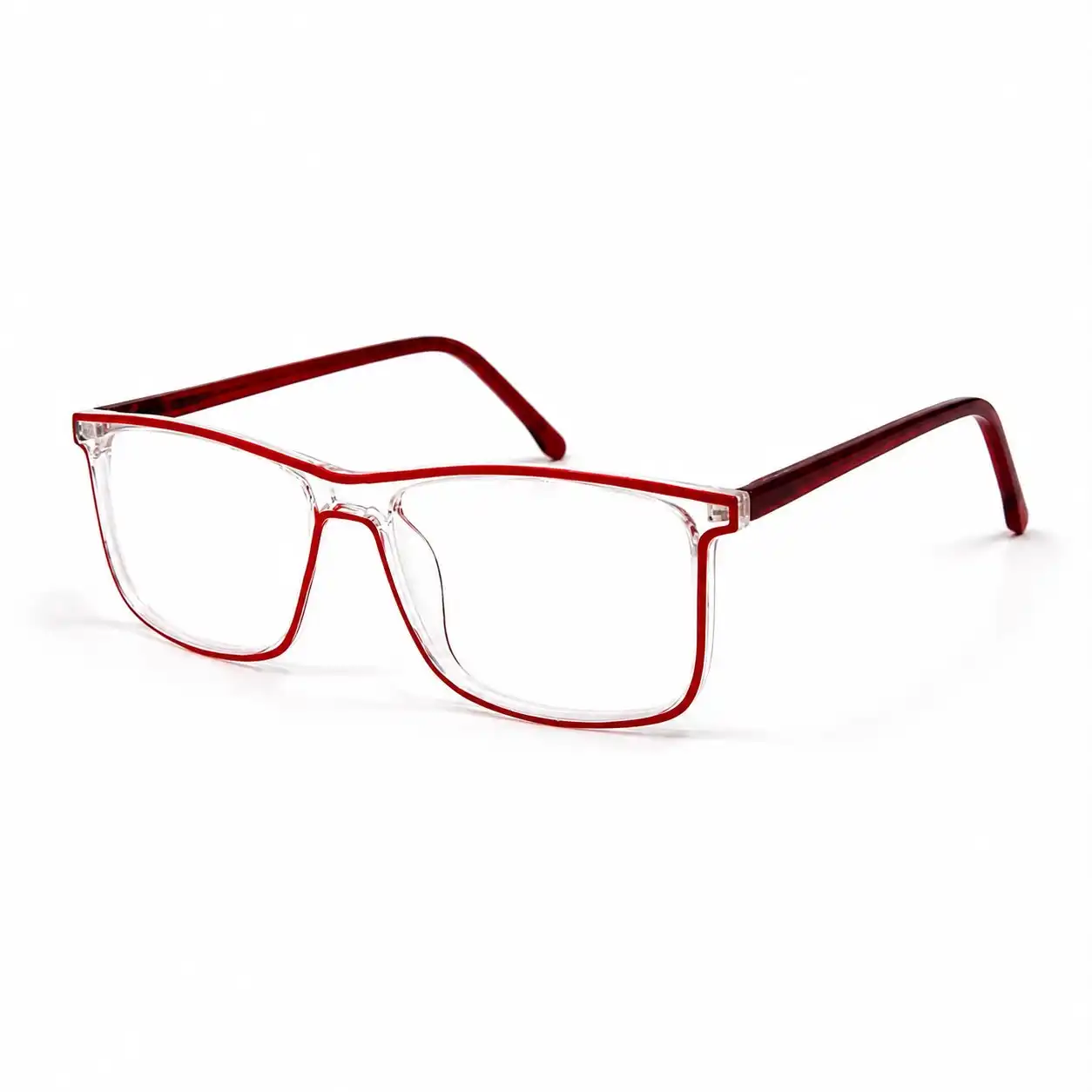 Clear rectangular computer glasses frame with bright red inner rim outline and deep crimson side arms.