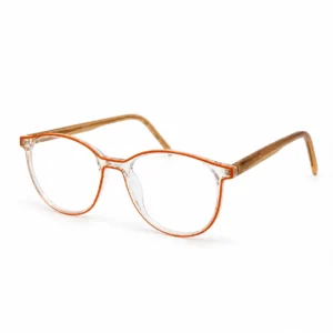Clear round computer glasses frame with bright orange inner rim accent and translucent beige side arms.