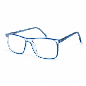 Clear rectangular computer glasses frame featuring a vibrant blue inner rim accent and matching translucent blue temples.