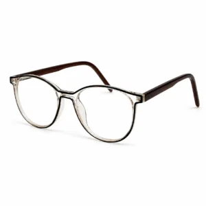 Clear round computer glasses frame featuring a thin dark brown rim outline and dark brown temples.