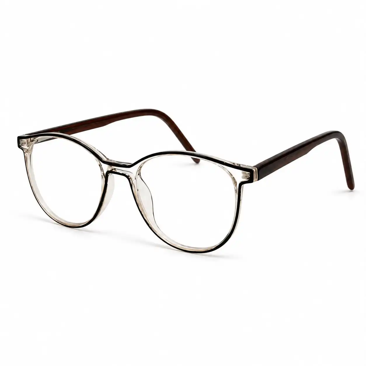 Clear round computer glasses frame featuring a thin dark brown rim outline and dark brown temples.
