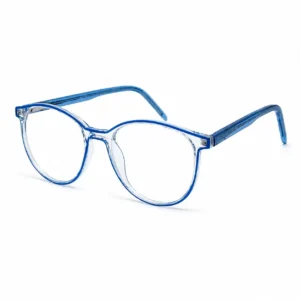 Clear round computer glasses frame with bright blue rim outline and matching translucent blue temples.