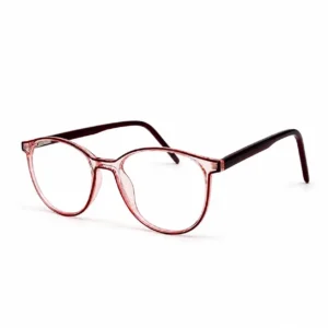 Translucent pink round glasses frame with dark temples for daily wear.