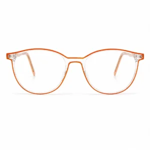 Clear round computer glasses frame with a bright orange rim outline and matching translucent temples.
