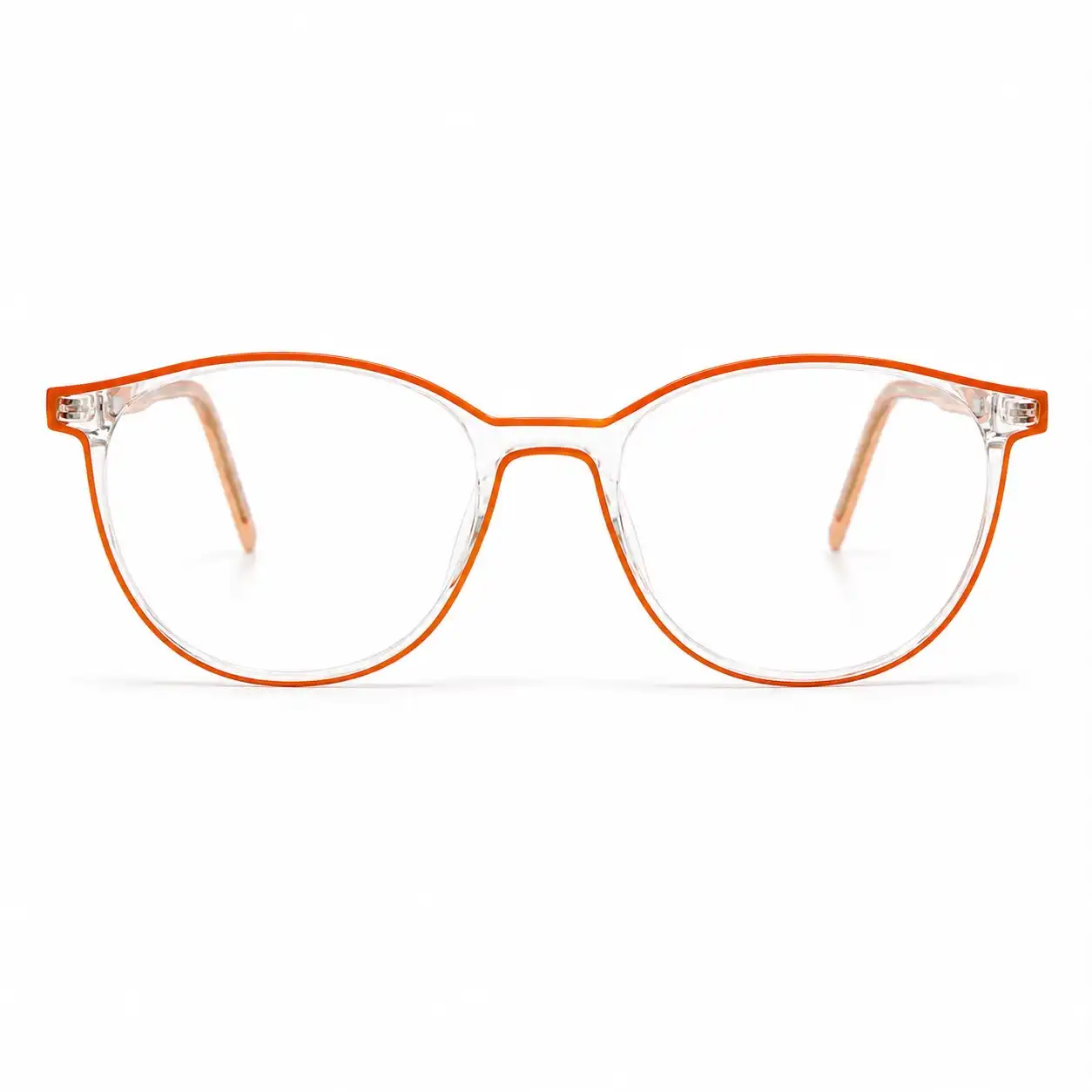 Clear round computer glasses frame with a bright orange rim outline and matching translucent temples.