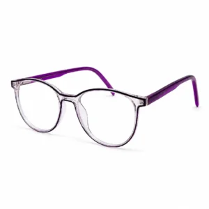 Clear round computer glasses frame with subtle purple inner rim lining and vibrant purple temples.