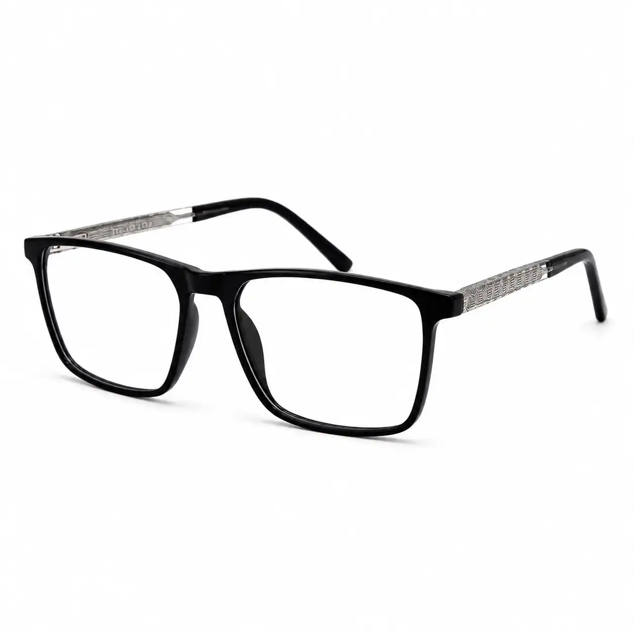 OP-0424 Shiny Black Square Glasses with Patterned Metal Arms | Optomom