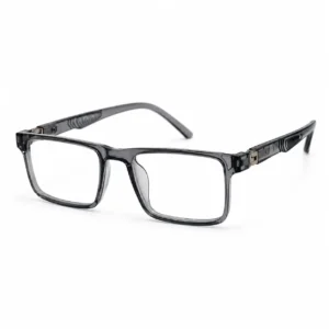 Translucent grey rectangular frame for men & women, ideal as durable computer glasses for daily office work.