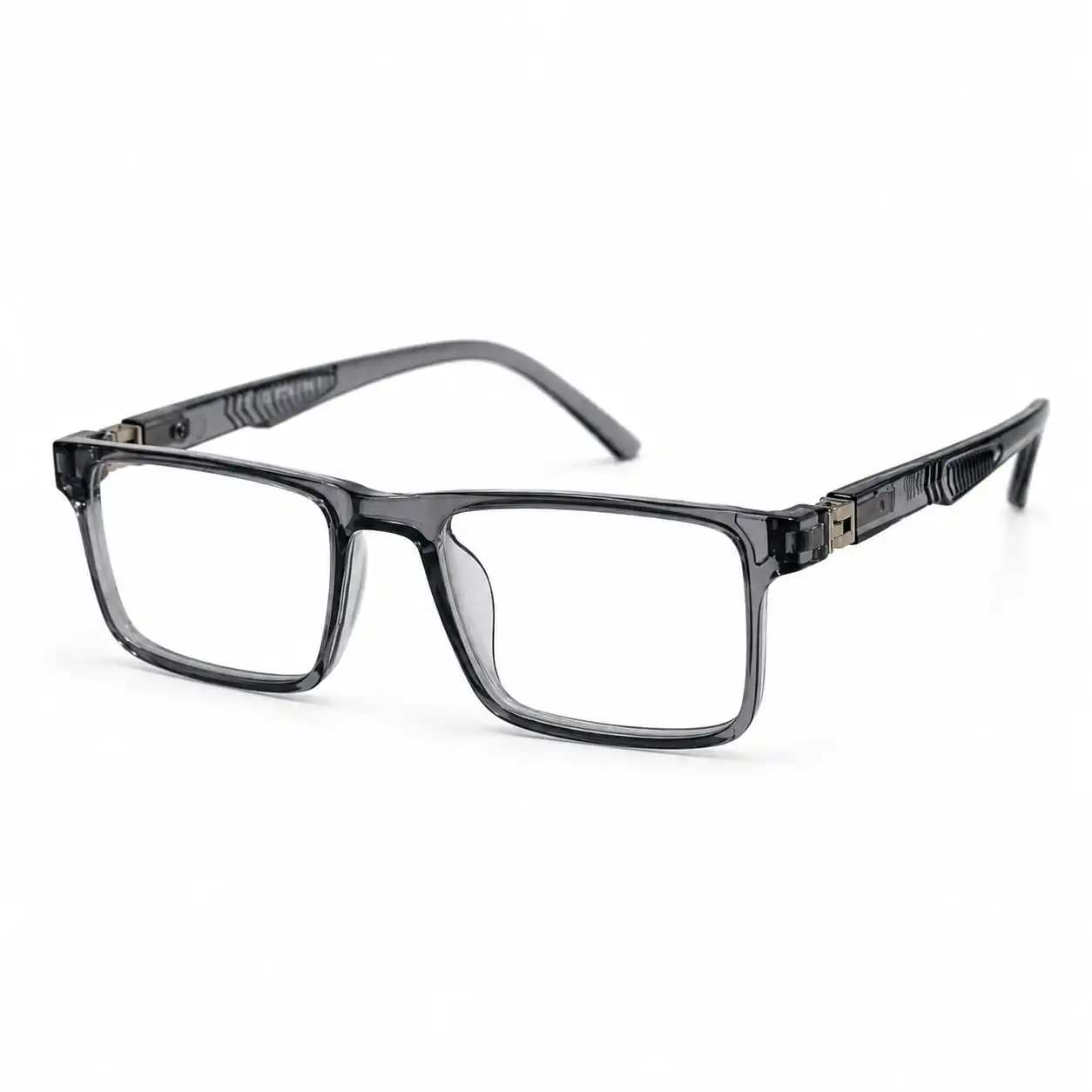 Translucent grey rectangular frame for men & women, ideal as durable computer glasses for daily office work.