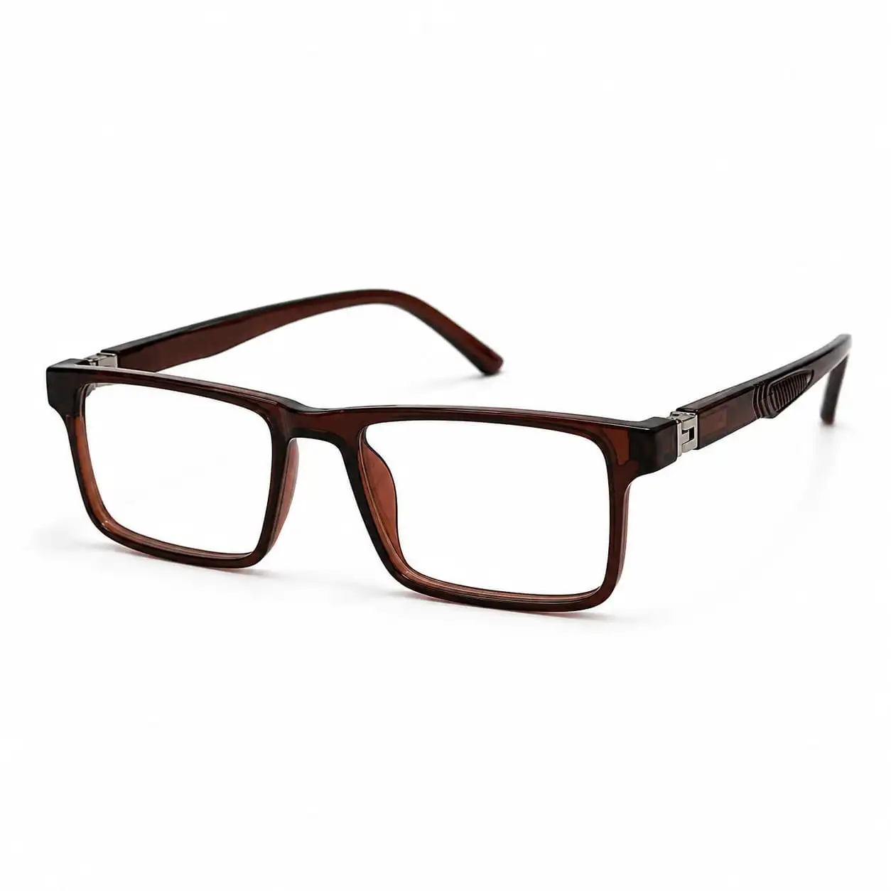 Translucent amber brown rectangular frame for men & women, ideal as durable computer glasses for long office hours.