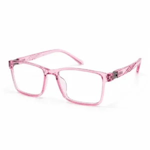 Transparent pink rectangular frame for women, perfect as lightweight computer glasses for office work.