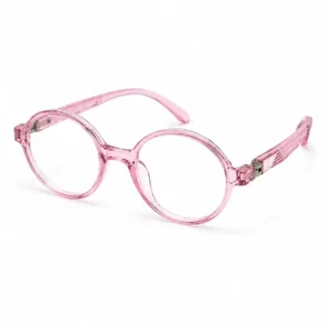 Transparent pink round frame for women, perfect as stylish computer glasses for long office hours.