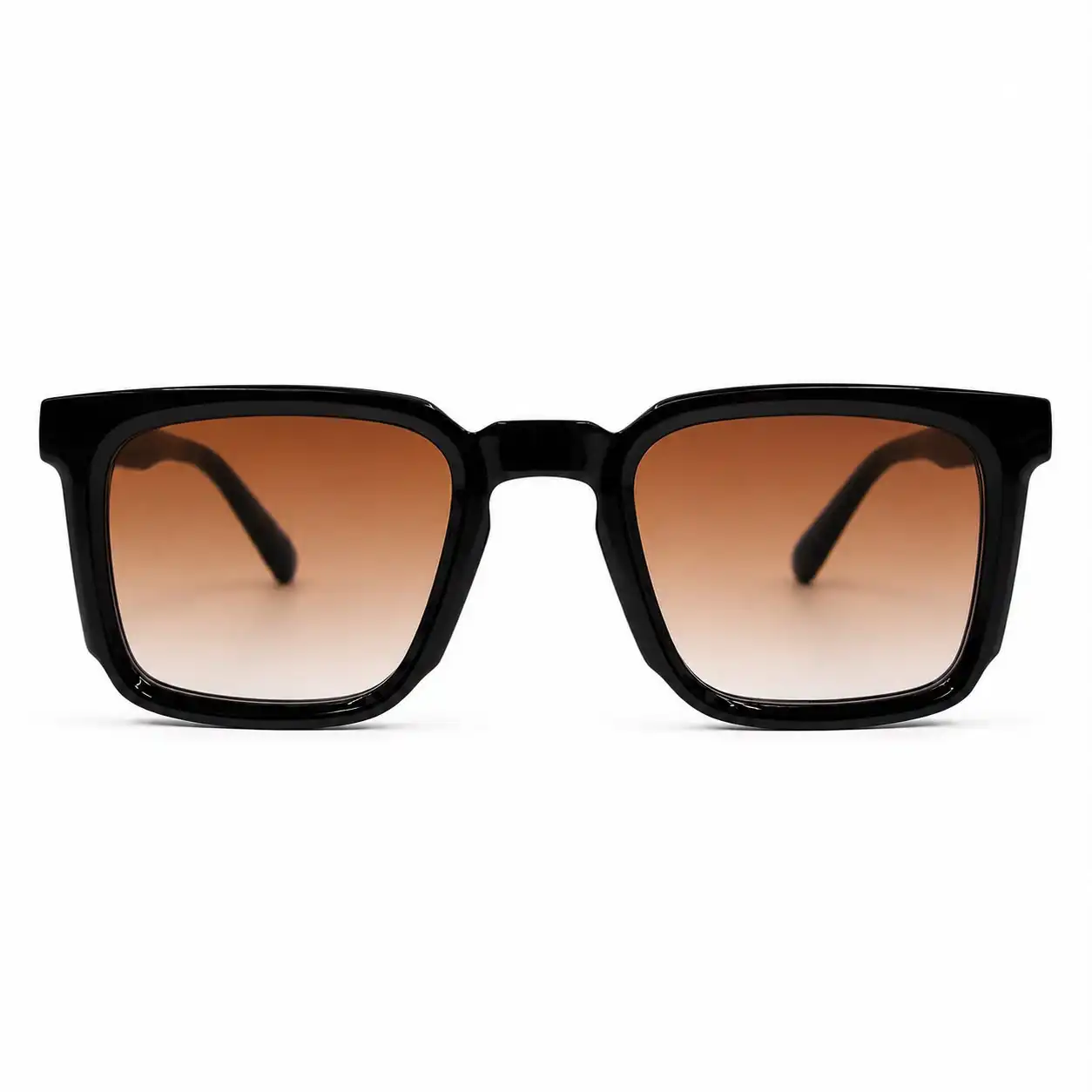 Glossy black square sunglasses with gradient brown lenses and a silver hinge accent, a bold daily eyewear option for men.